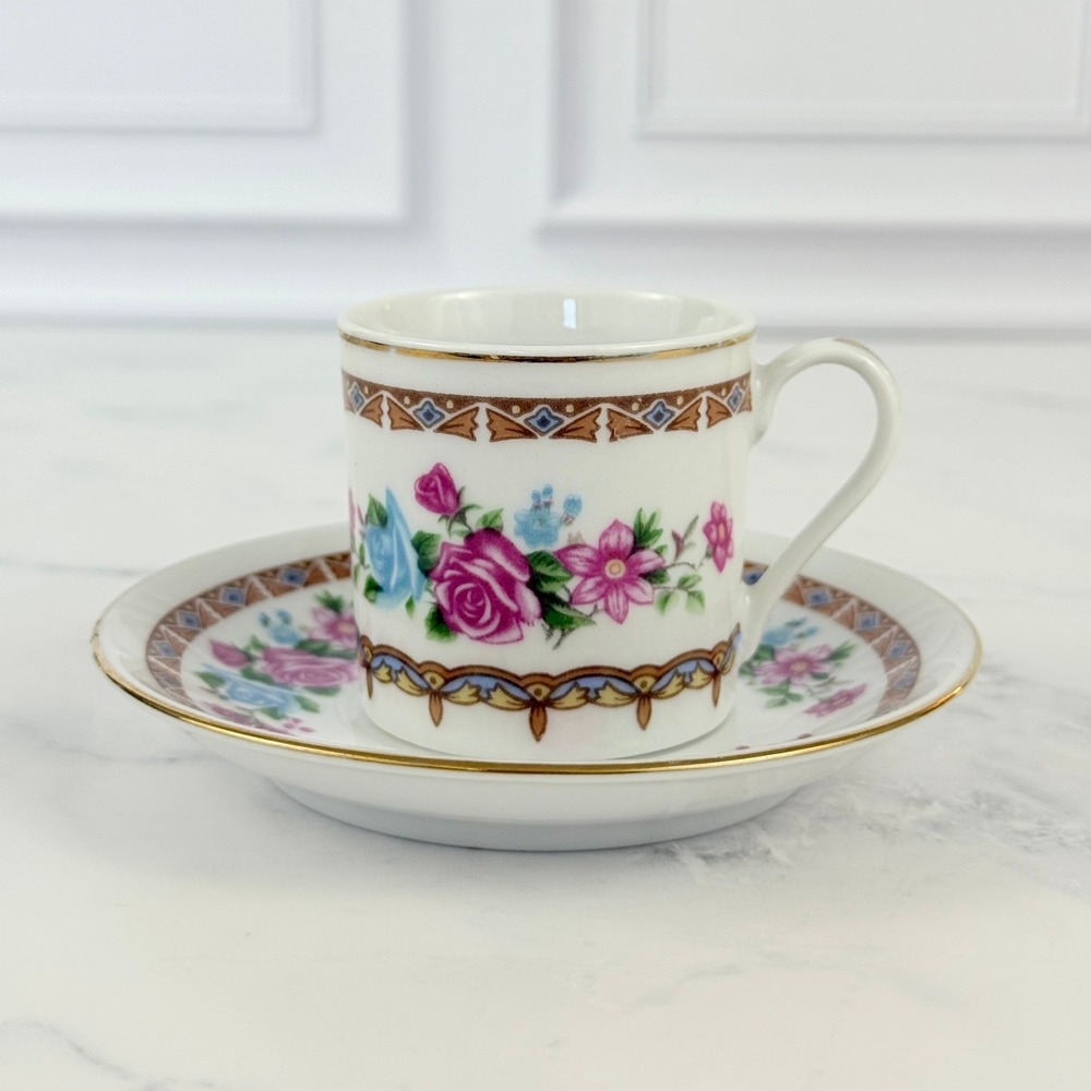 VTG Mini Demitasse Espresso Porcelain Teacup and Saucer Pink Blue Floral - Picture 1 of 9